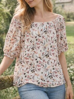 LOFT Outlet Petite Floral Peasant Blouse Sz LP Cotton Boho Cottagecore Top Puff